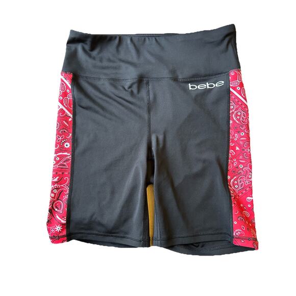BEBE SPORT WOMENS SEXY SMOOTH STRETCH BIKE SHORTS Red BANDANNA BLACK Paisleys L - Picture 2 of 6